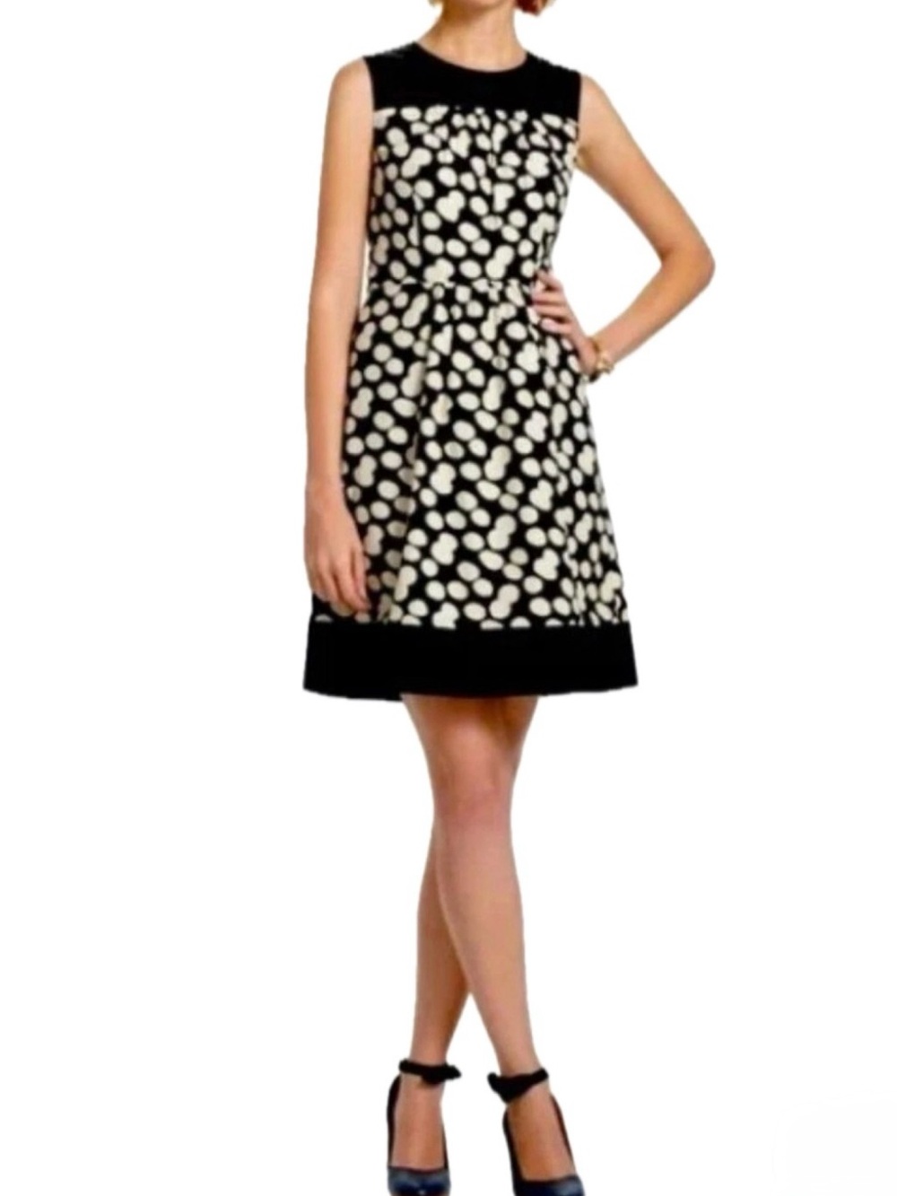 Leifnotes Black & Ivory Polka Dot Fit & Flare Sleeveless Dress Size 6